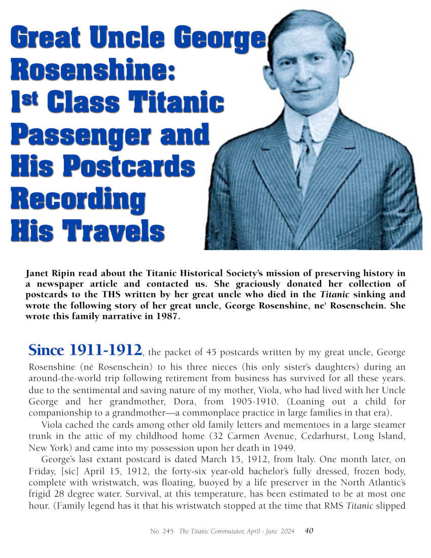 Protected: Commutator 245 Great Uncle George Rosenshine 1st Class Titanic Passenger