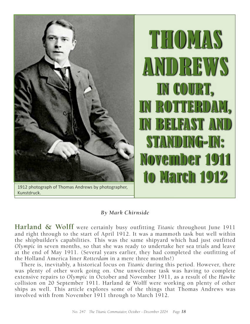 Protected: Commutator 247 Thomas Andrews in Court, In Rotterdam, In Belfast and Standin-In: November 1911 to March 1912